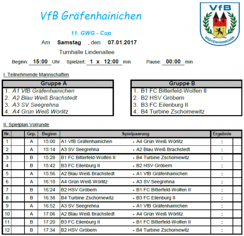 GWG Cup Gräfenhainichen - Gruppen ausgelost