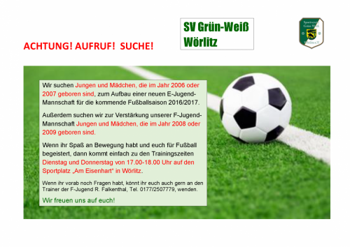 Wir suchen Dich - E-Jugend und F-Jugend Kicker Alter 6 -10 J