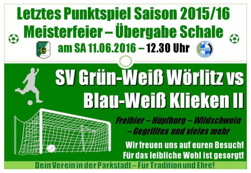 Vorschau: Letztes Punktspiel und Meisterfeier am 11.06.2016